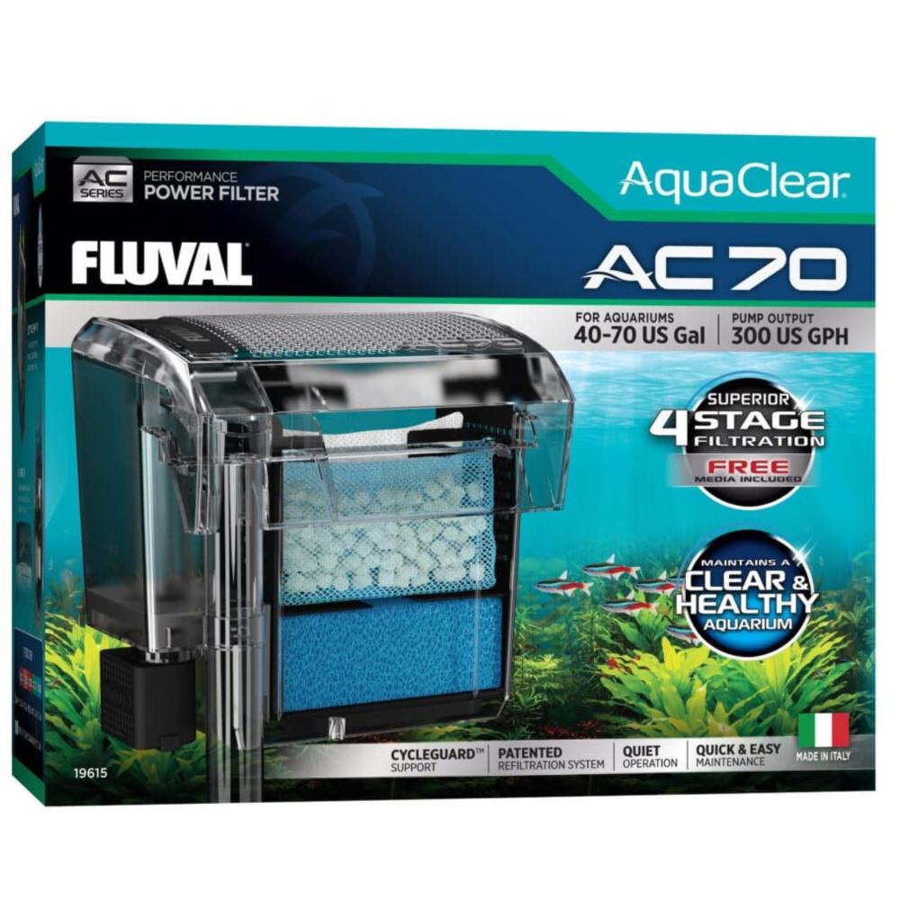 Fluval AC70 power filter monteret på akvariets yderside som hængefilter